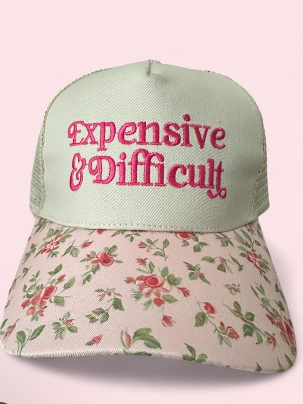 Embroidered "Expensive & Difficult" Pink and cream Floral Trucker Hat adjustable